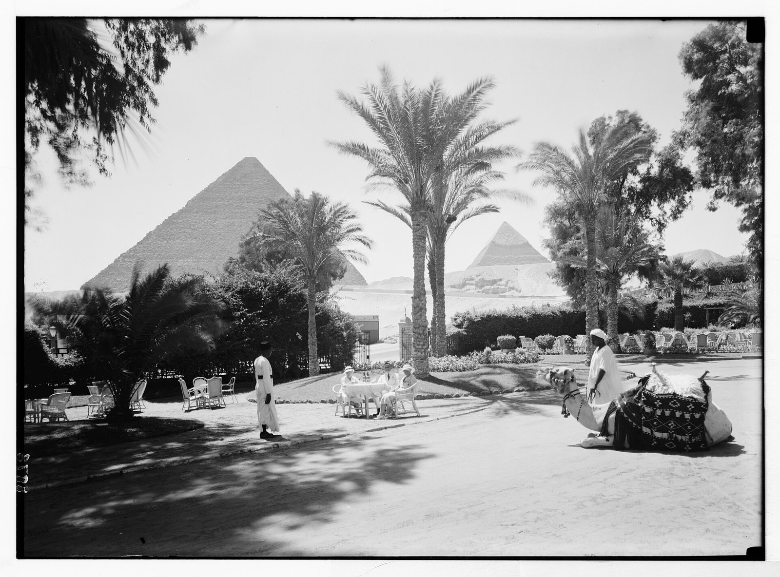 Jardim do hotel histórico Mena House com as pirâmides de Gizé ao fundo